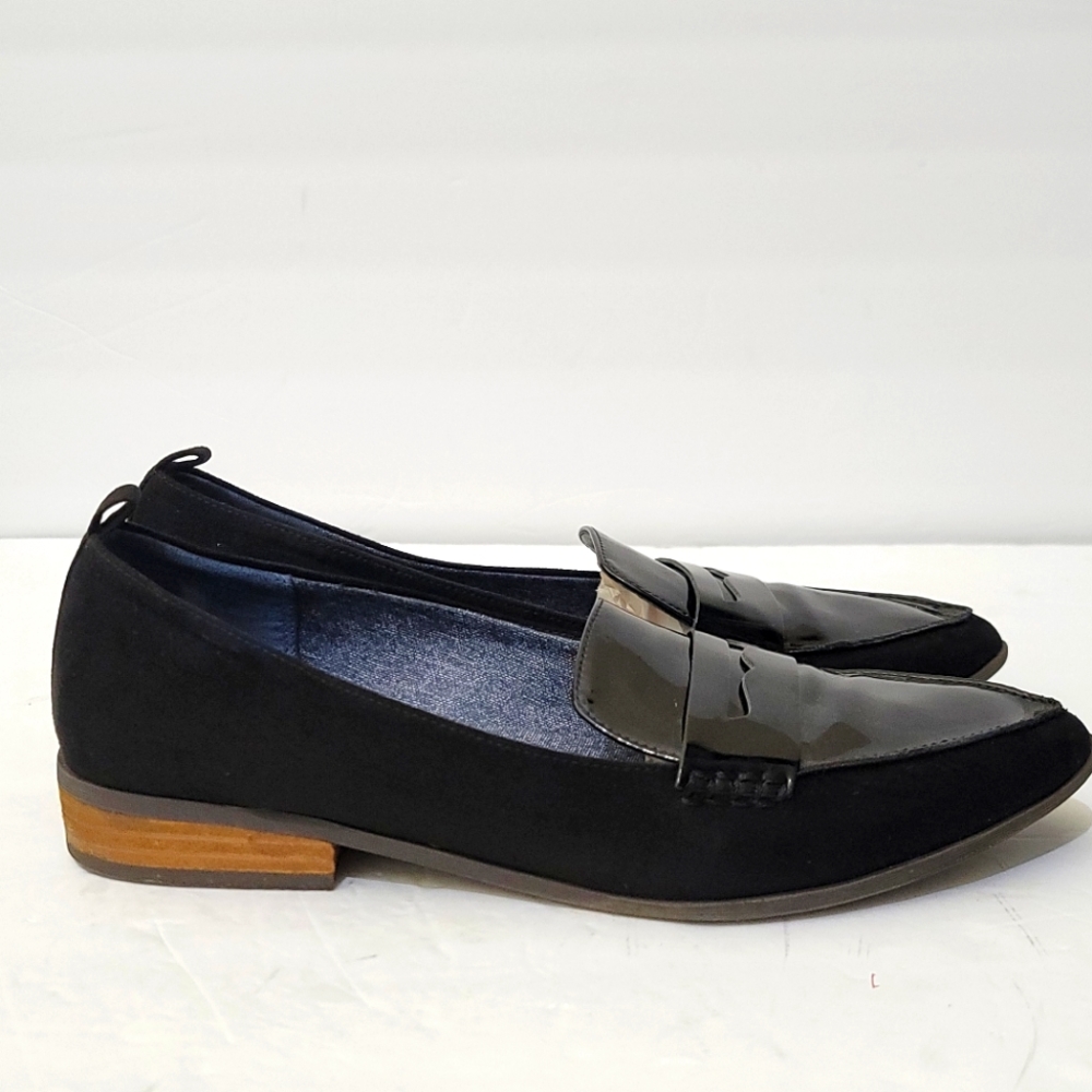 DR. SCHOLL'S Patent Faux Suede Pointed Penny Loafers, size 10M, Black